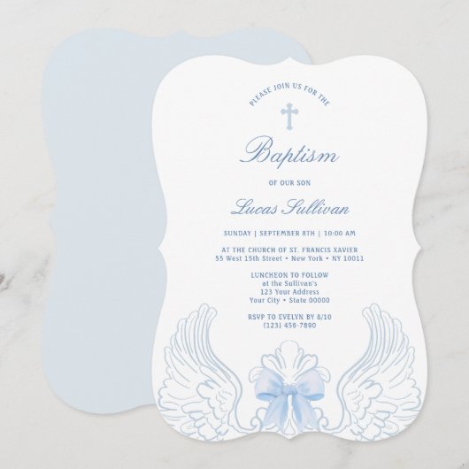 Invitation Delicate Angel Wings Blue Bow Baptism (Devant / Derrière)