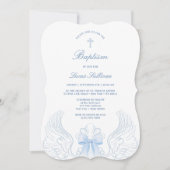 Invitation Delicate Angel Wings Blue Bow Baptism (Devant)