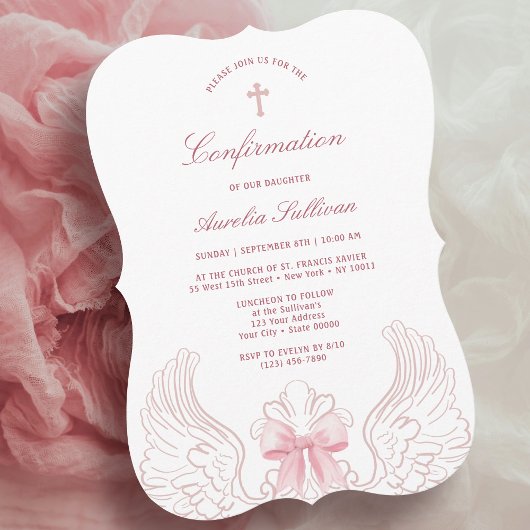 Invitation Delicate Angel Wings Pink Bow Confirmation