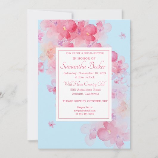 Invitation Délicate aquarelle Fête des mariées florale bleu (Devant)