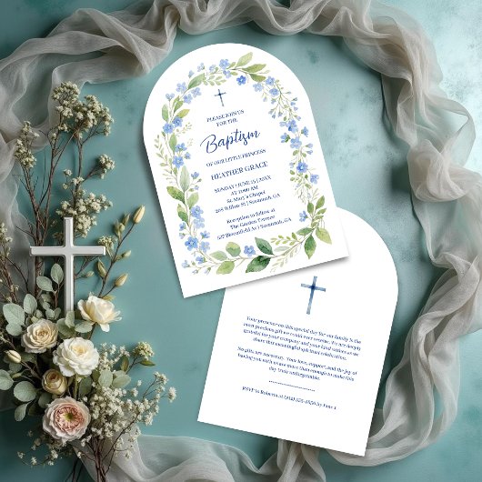 Invitation Delicate Blue Shades Floral Frame Arch Baptisme