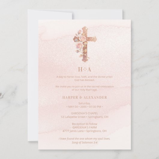 Invitation Delicate Blush Glitter Christian Cross Wedding (Devant)