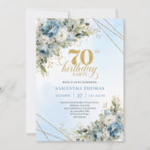 Invitation Delicate boho blue florals gold frame 70 birthday (Devant)