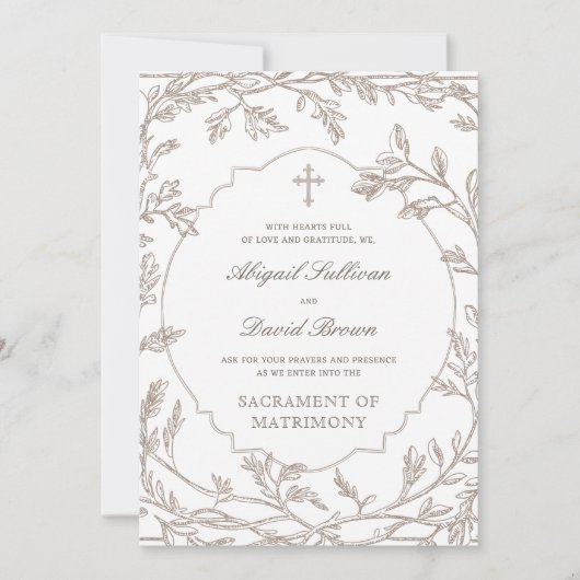 Invitation Delicate Brown Foliage Frame Catholic Wedding (Devant)