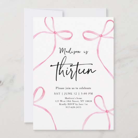 Invitation Délicate Coquette Bow Rose 13e anniversaire (Devant)