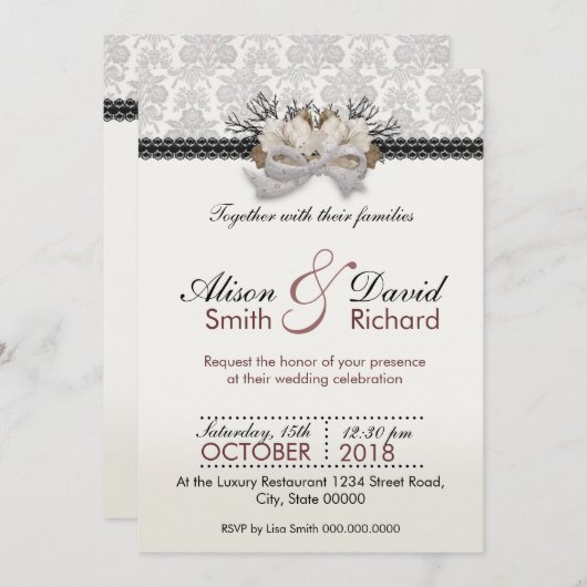 Invitation Delicate crystals bow with black lace (Devant / Derrière)