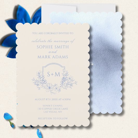 Invitation Delicate Dusty Blue Floral Monogram Crest Wedding