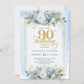 Invitation Delicate dusty blue gold trim 90th birthday invite (Devant)