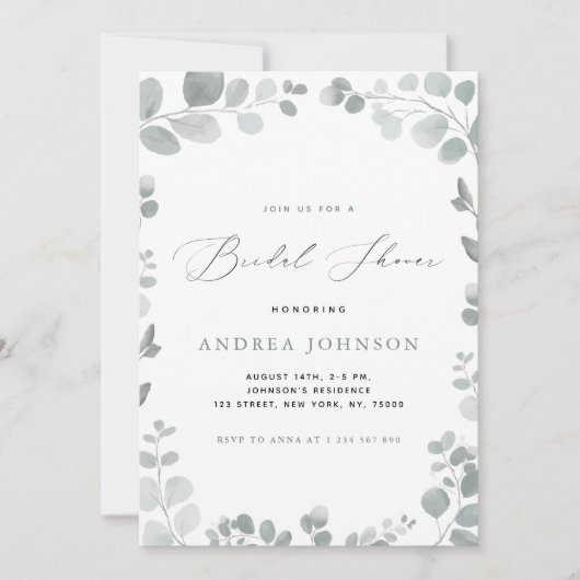 Invitation Délicate Fête des mariées Feuille Eucalyptus Vert (Devant)