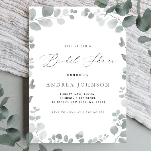 Invitation Délicate Fête des mariées Feuille Eucalyptus Vert