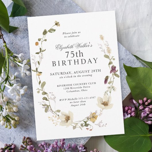 Invitation Délicate Fleur sauvage Feminine 75e anniversaire
