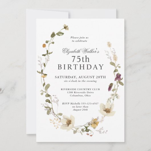 Invitation Délicate Fleur sauvage Feminine 75e anniversaire (Devant)