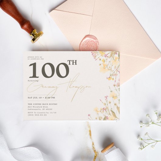 Invitation Delicate Fleur sauvage rose jaune 100e anniversair