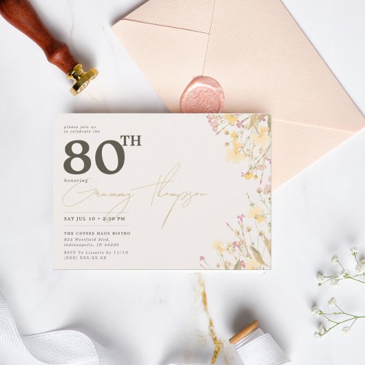 Invitation Delicate Fleur sauvage rose jaune 80 e anniversair