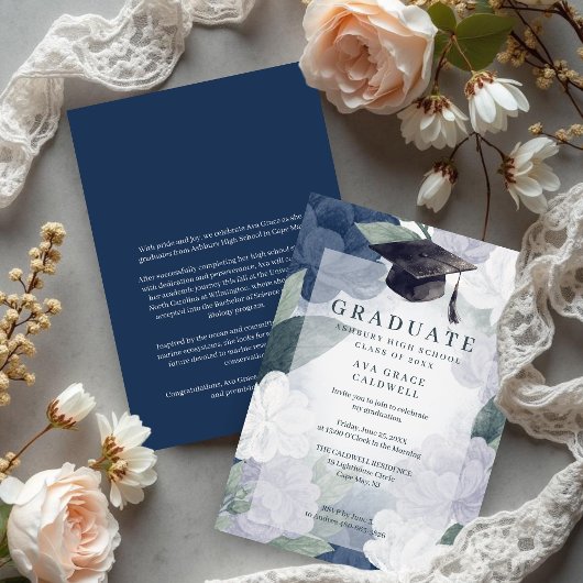 Invitation Delicate Floral Green and Blue Graduation Party