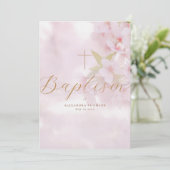 Invitation Delicate Flowers Gold Calligraphy Cross Baptism (Debout devant)