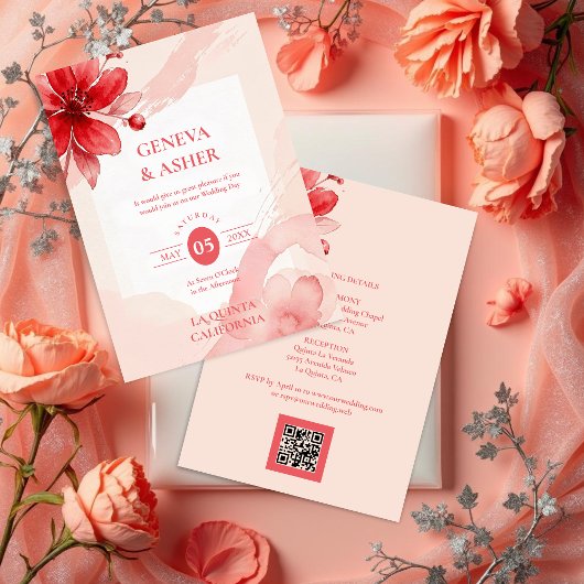 Invitation Delicate Flowers Juicy Red & Pinky Pink Editorial