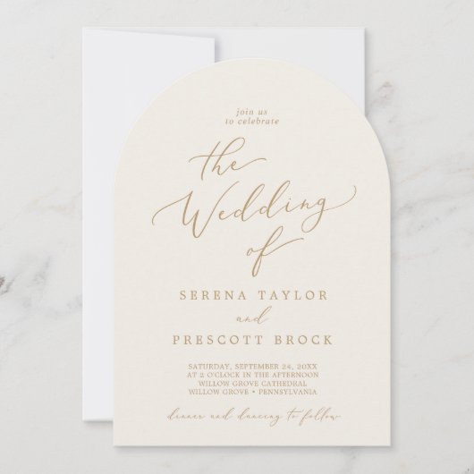 Invitation Delicate Gold Calligraphy Cream Boho Arch Mariage (Devant)
