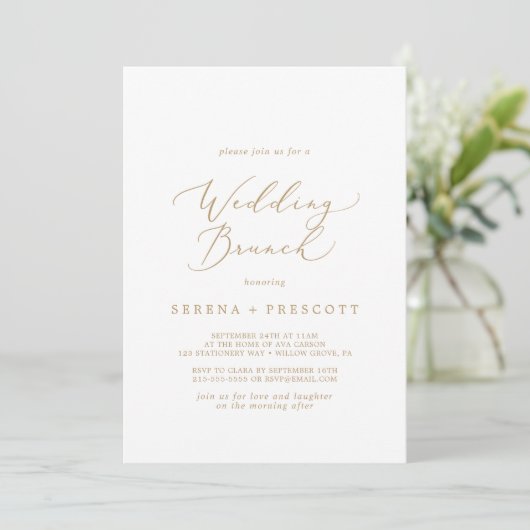 Invitation Delicate Gold Calligraphy Mariage Brunch (Debout devant)