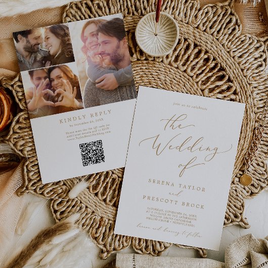 Invitation Delicate Gold Photo Collage QR Code Mariage