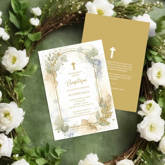 Invitation Delicate Gold Shades Floral Frame Arch Baptism