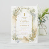 Invitation Delicate Gold Shades Floral Frame Arch Baptism (Debout devant)