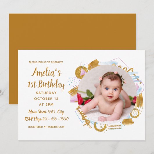 Invitation Delicate Gold Spash Photo Baby Premier anniversair (Devant / Derrière)