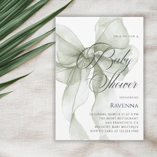 Invitation Delicate Green Bow Simple Template Baby Shower