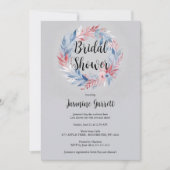 Invitation Delicate Grey Wreath Flowers Feathers & Leaves (Devant)