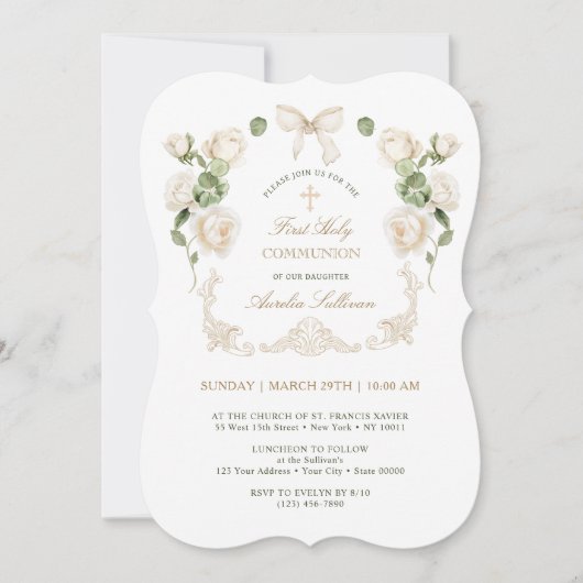 Invitation Delicate Ivory Roses Frame First Communion (Devant)