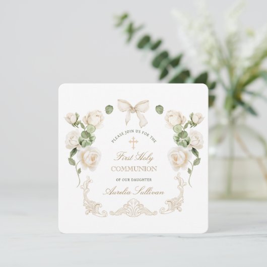 Invitation Delicate Ivory Roses Frame First Communion Small (Debout devant)