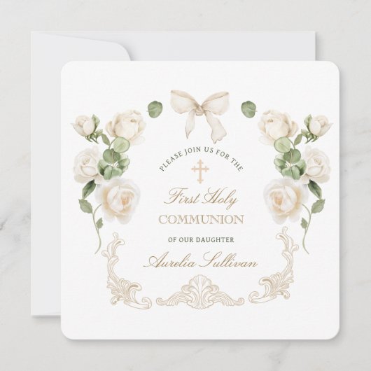 Invitation Delicate Ivory Roses Frame First Communion Small (Devant)
