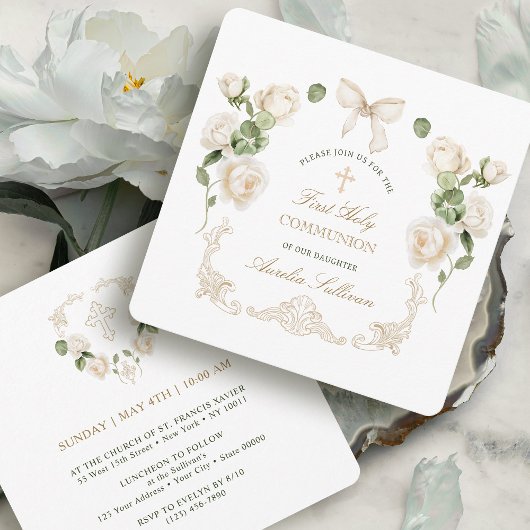 Invitation Delicate Ivory Roses Frame First Communion Small