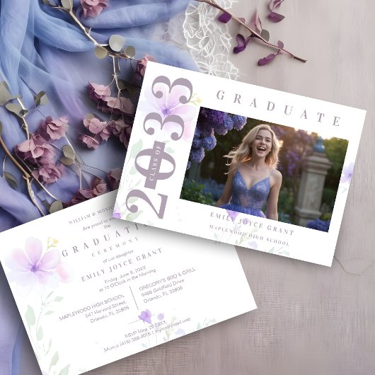 Invitation Delicate MInimalist Graduate Floral Lilac Shades P