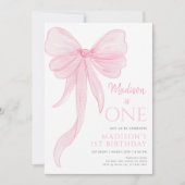 Invitation Delicate Pink Bow Girl First Birthday (Devant)