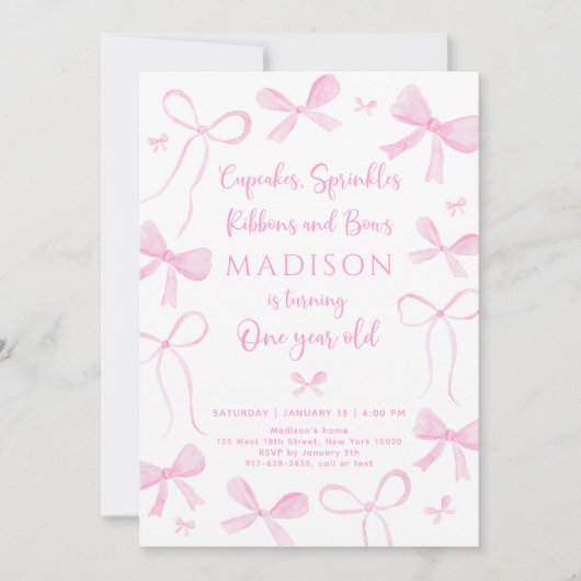 Invitation Delicate Pink Bows First Birthday (Devant)