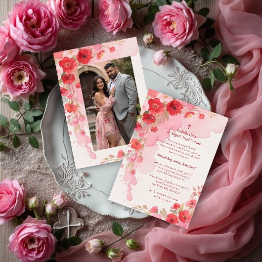 Invitation Delicate Pink Floral Frame Christian Catholic