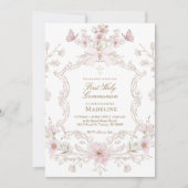 Invitation delicate pink flowers frame First Holy Communion (Devant)