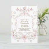 Invitation delicate pink flowers frame First Holy Communion (Debout devant)