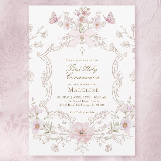 Invitation delicate pink flowers frame First Holy Communion