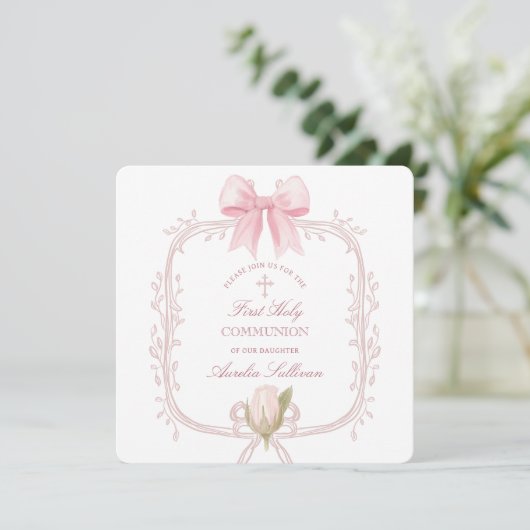 Invitation Delicate Pink Frame First Communion Small (Debout devant)