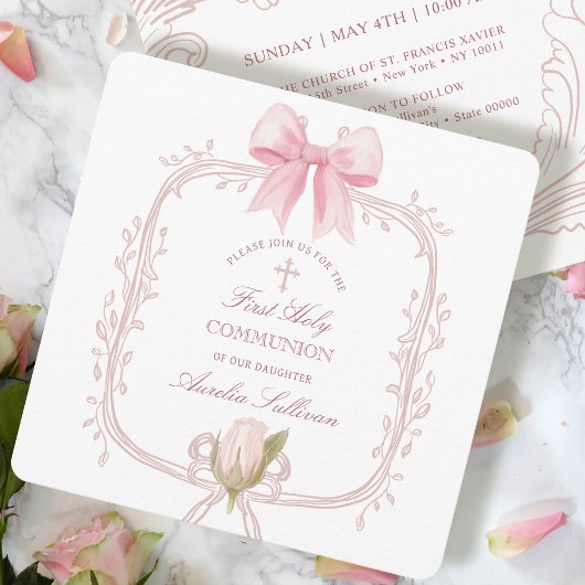 Invitation Delicate Pink Frame First Communion Small