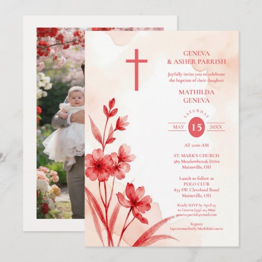 Invitation Delicate Red & Pink Wildflowers Baptism Photo (Devant / Derrière)