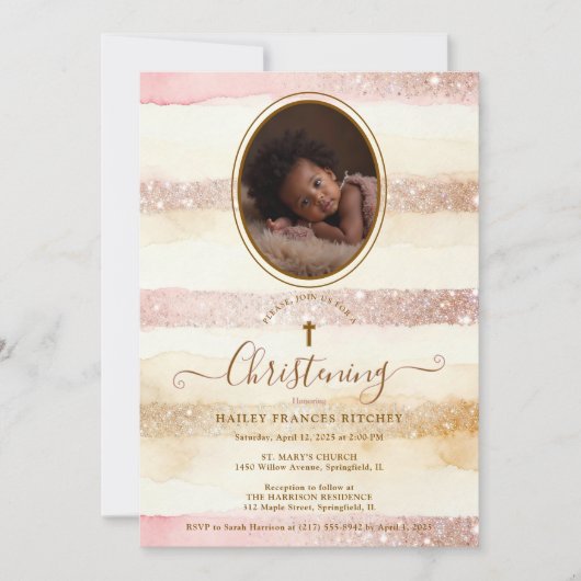 Invitation Delicate Romantic Glitter Stripes Baby Baptist (Devant)