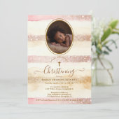 Invitation Delicate Romantic Glitter Stripes Baby Baptist (Debout devant)