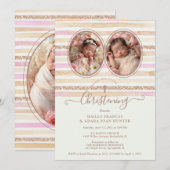 Invitation Delicate Romantic Glitter Stripes Twins Baptist (Devant / Derrière)