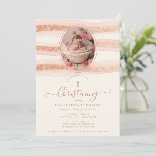 Invitation Delicate Romantic Rose Gold Glitter Baptist (Debout devant)