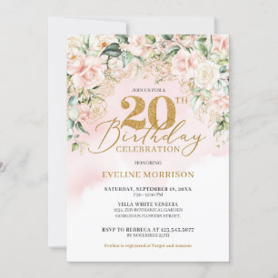Invitation Delicate rose pâle rose or vert 20e anniversaire