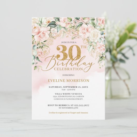 Invitation Delicate rose pâle rose or vert 30e anniversaire (Debout devant)