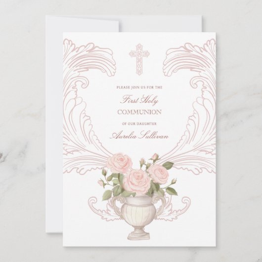 Invitation Delicate Roses Frame First Communion (Devant)
